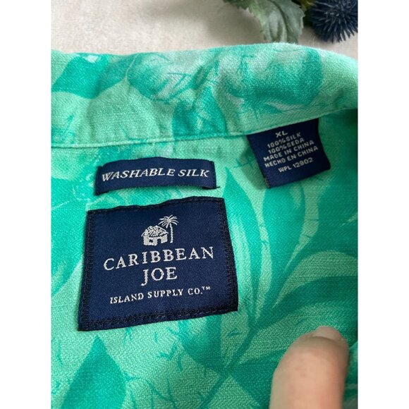 Caribbean Joe Mens XL Teal Hawaiian Floral Wood Buttons Shirt Washable Silk - Picture 6 of 8